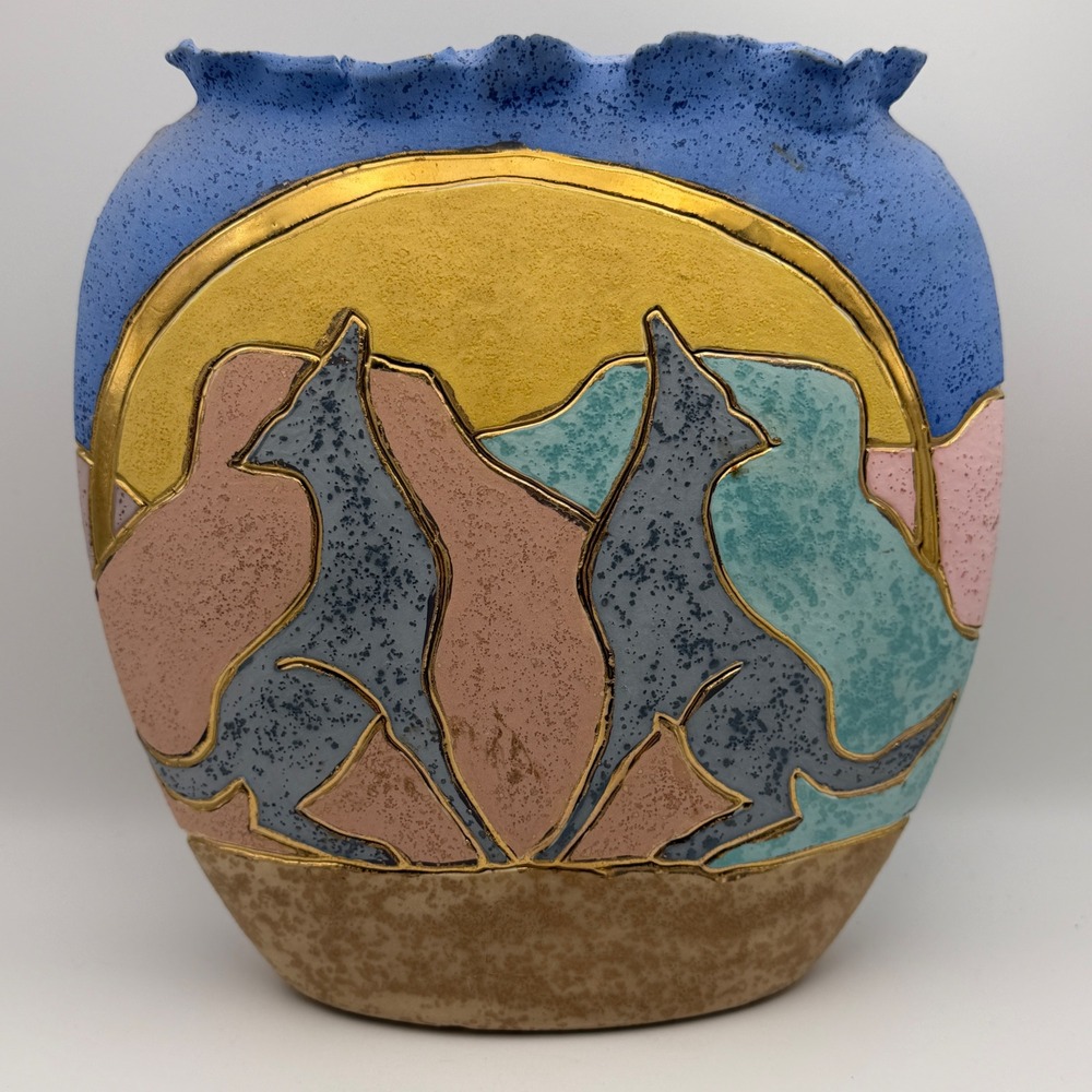 Southwest Coyote Sunset Ceramic Vase Gold Trim Ruffled Rim Textured Boho Decor
